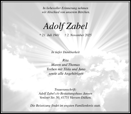 Traueranzeige von Adolf Zabel von trauer.panorama-anzeigenblatt.de