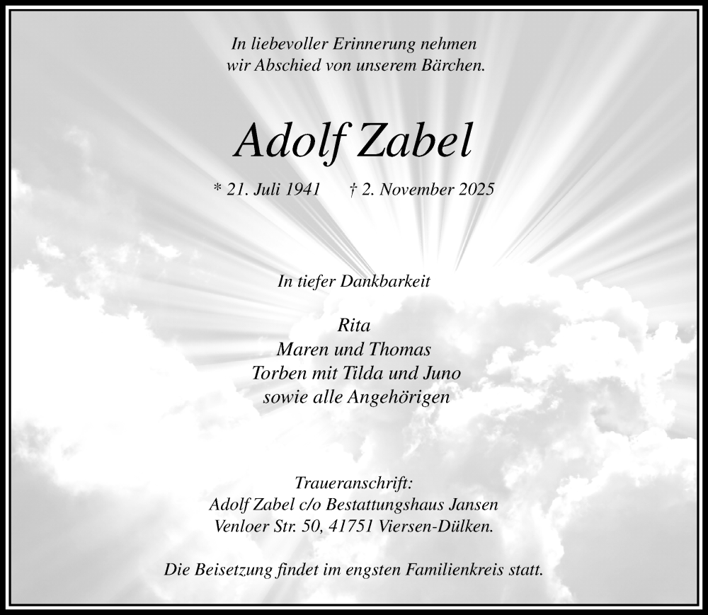  Traueranzeige für Adolf Zabel vom 09.11.2025 aus trauer.panorama-anzeigenblatt.de