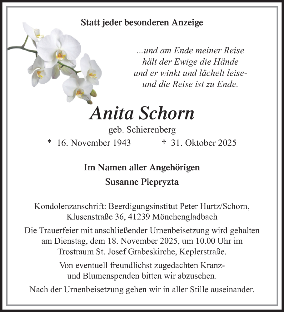  Traueranzeige für Anita Schorn vom 16.11.2025 aus trauer.panorama-anzeigenblatt.de
