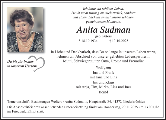 Traueranzeige von Anita Sudmann von trauer.panorama-anzeigenblatt.de