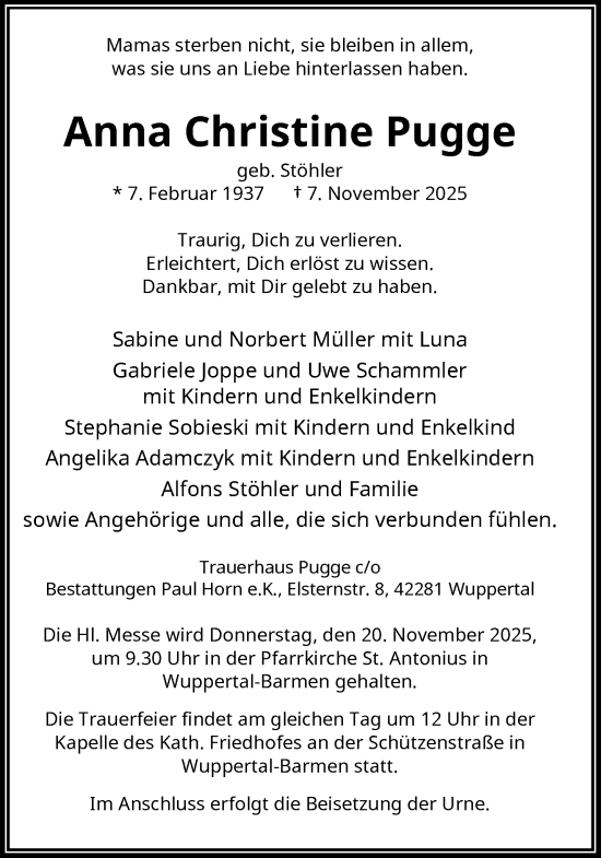 Traueranzeige von Anna Christine Pugge von trauer.wuppertaler-rundschau.de