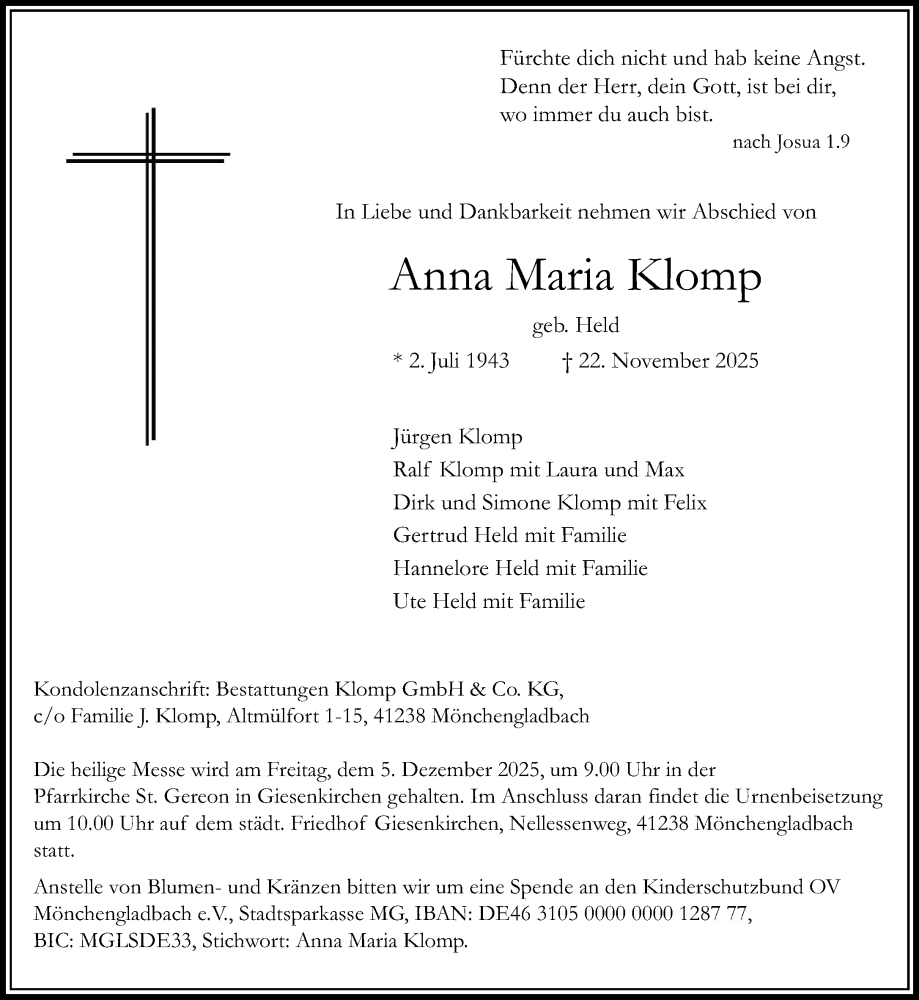  Traueranzeige für Anna Maria Klomp vom 30.11.2025 aus trauer.panorama-anzeigenblatt.de