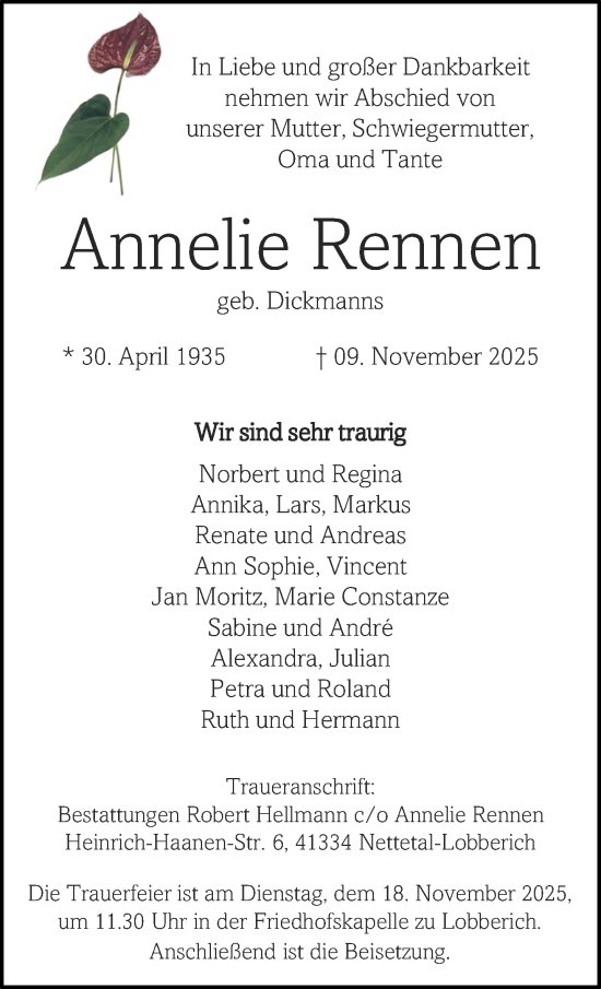 Traueranzeige von Annelie Rennen von trauer.panorama-anzeigenblatt.de