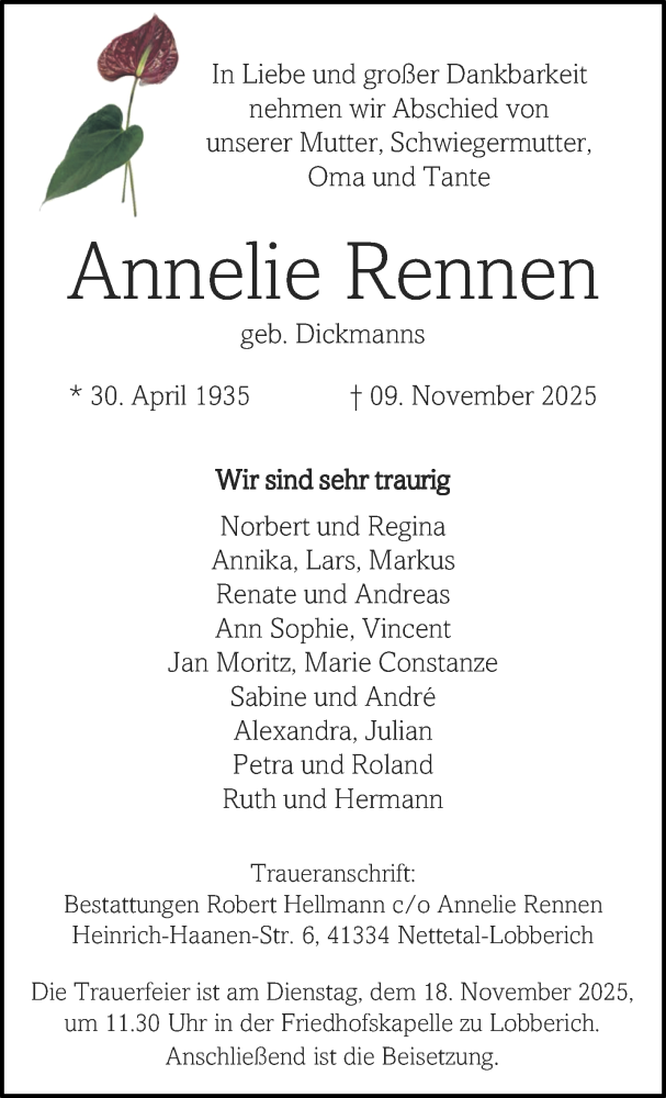  Traueranzeige für Annelie Rennen vom 16.11.2025 aus trauer.panorama-anzeigenblatt.de