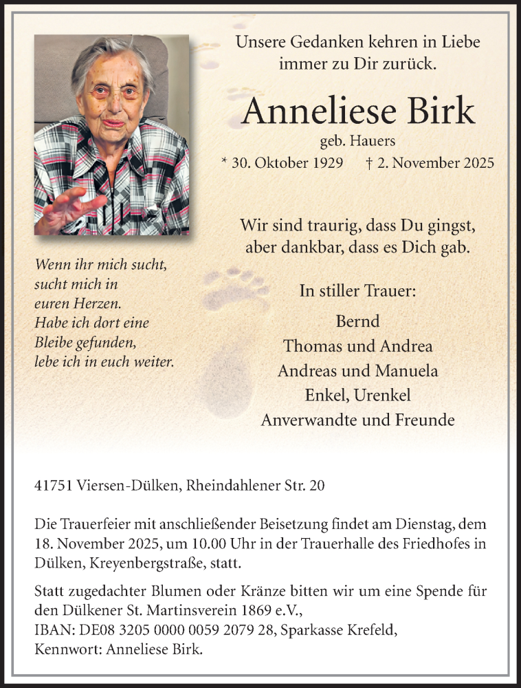 Traueranzeige für Anneliese Birk vom 16.11.2025 aus trauer.panorama-anzeigenblatt.de