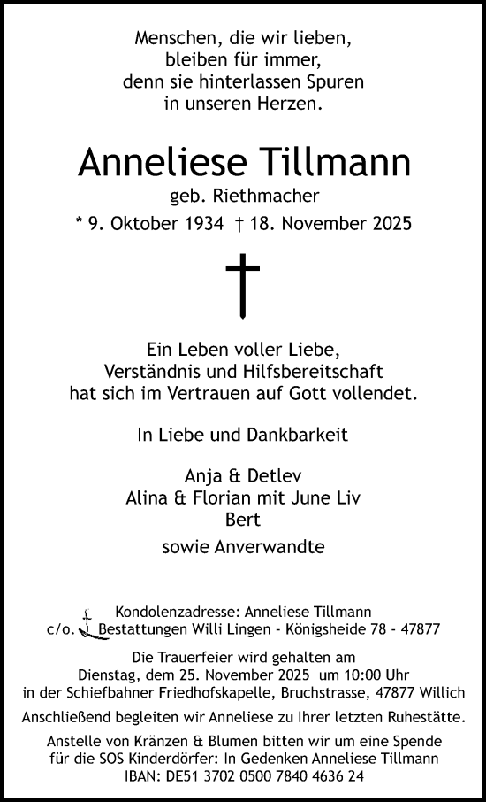 Traueranzeige von Anneliese Tillmann von trauer.panorama-anzeigenblatt.de