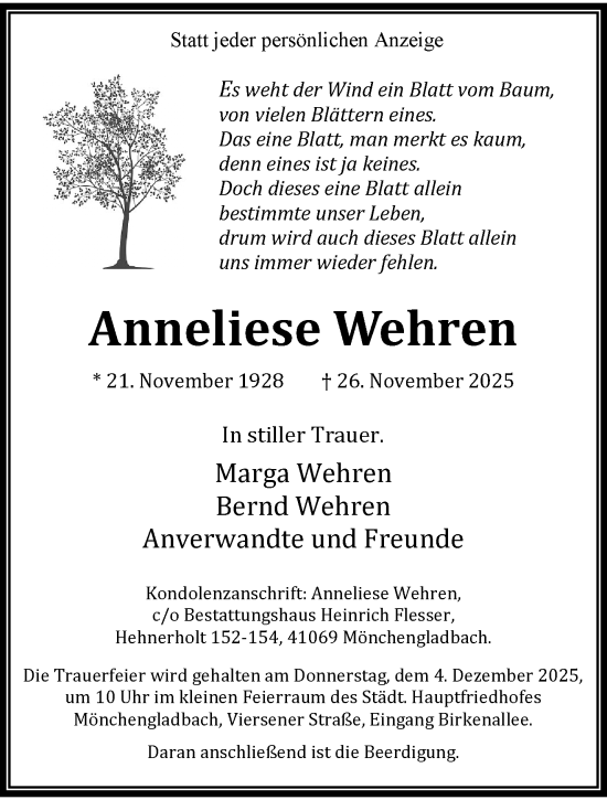 Traueranzeige von Anneliese Wehren von trauer.panorama-anzeigenblatt.de