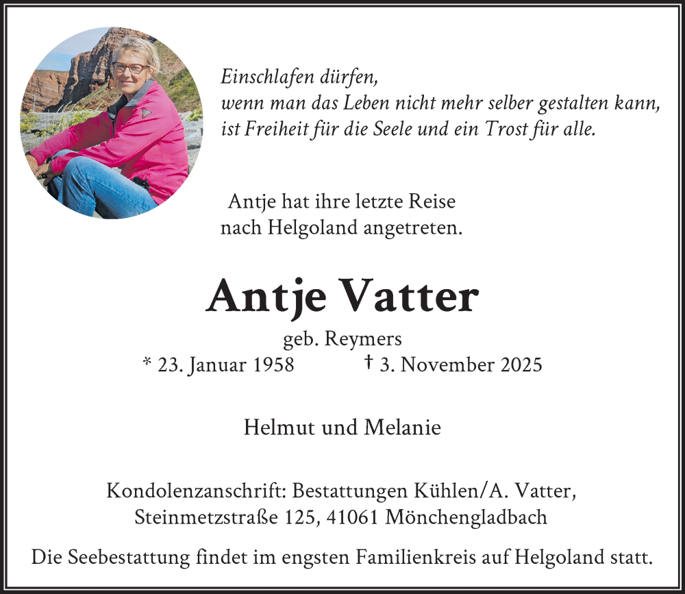  Traueranzeige für Antje Vatter vom 16.11.2025 aus trauer.panorama-anzeigenblatt.de