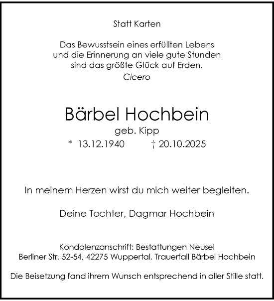 Traueranzeige von Bärbel Hochbein von trauer.wuppertaler-rundschau.de