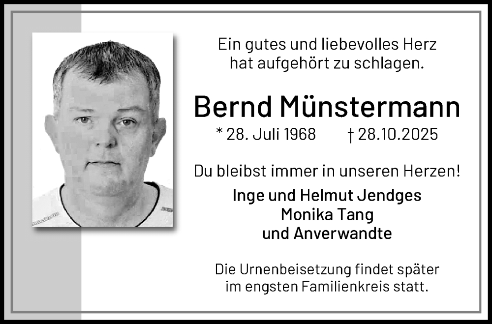  Traueranzeige für Bernd Münstermann vom 23.11.2025 aus trauer.panorama-anzeigenblatt.de