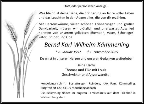 Traueranzeige von Bernd Karl-Wilhelm Kämmerling von trauer.stadt-kurier.de