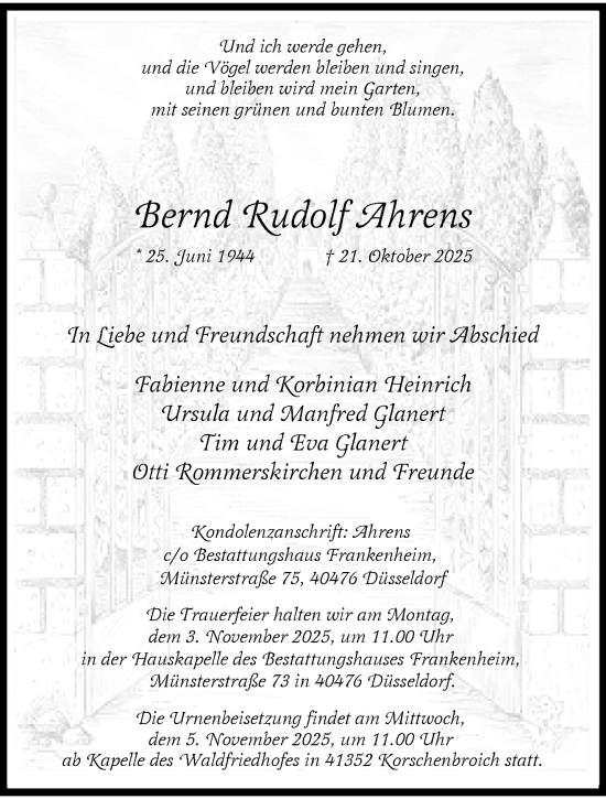 Traueranzeige von Bernd Rudolf Ahrens von trauer.panorama-anzeigenblatt.de