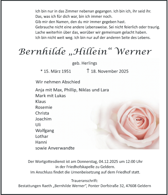 Traueranzeige von Bernhilde Werner von trauer.panorama-anzeigenblatt.de