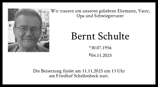 Traueranzeige von Bernt Schulte von trauer.wuppertaler-rundschau.de