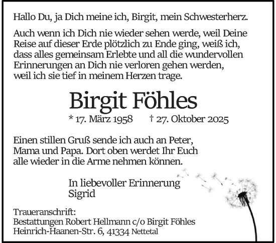 Traueranzeige von Birgit Föhles von trauer.panorama-anzeigenblatt.de