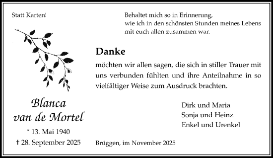 Traueranzeige von Blanca van de Mortel von trauer.panorama-anzeigenblatt.de