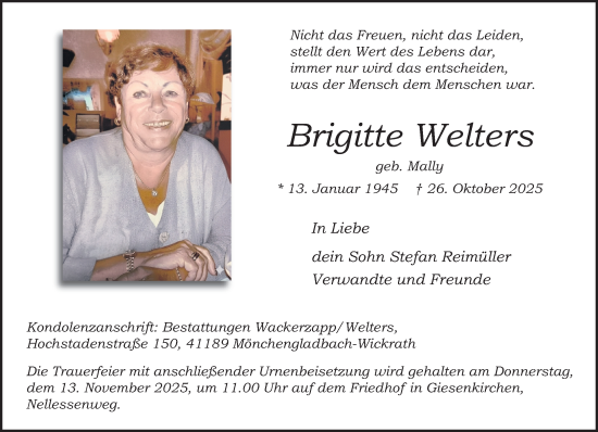 Traueranzeige von Brigitte Welters von trauer.panorama-anzeigenblatt.de