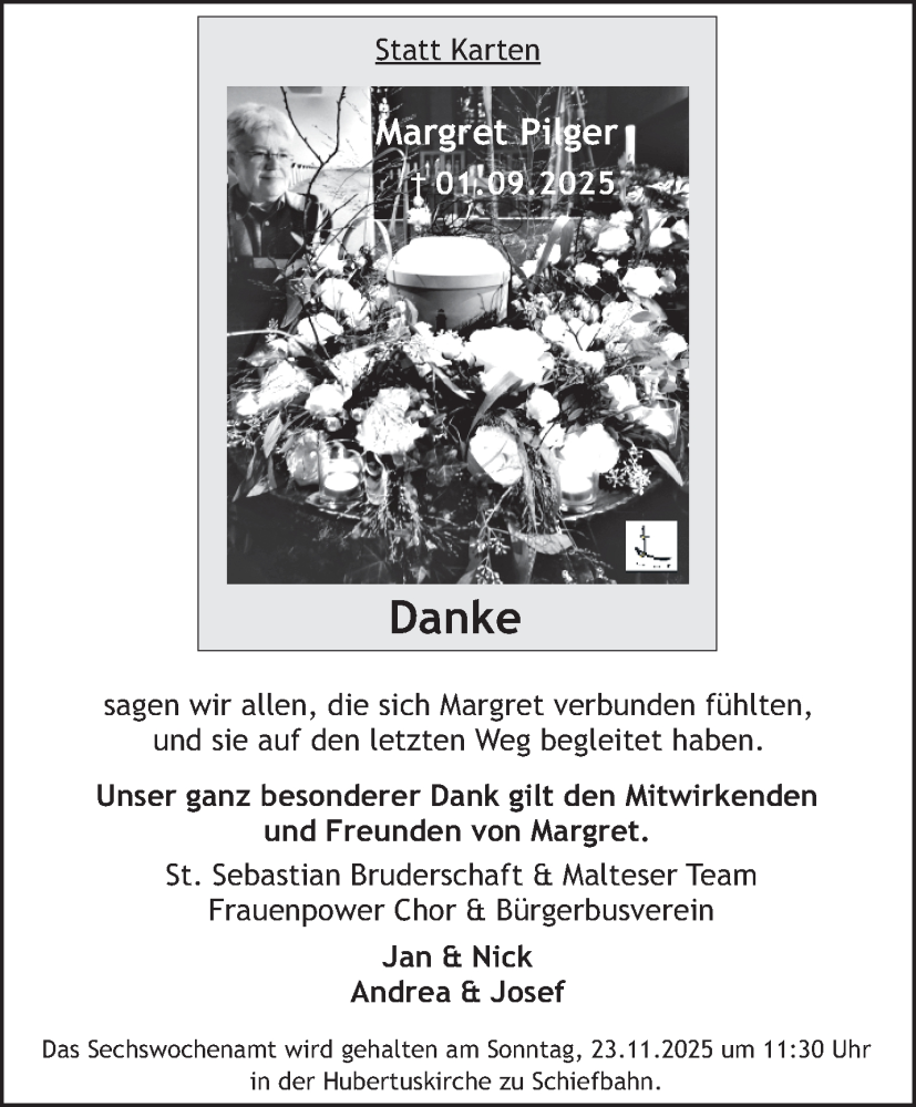  Traueranzeige für Margret Pilger vom 16.11.2025 aus Extra Tipp Meerbusch