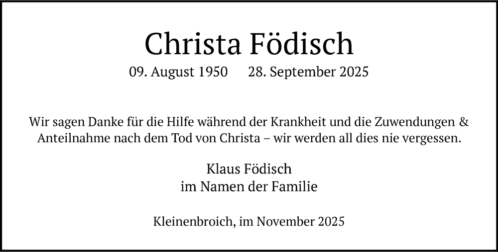  Traueranzeige für Christa Födisch vom 23.11.2025 aus trauer.panorama-anzeigenblatt.de