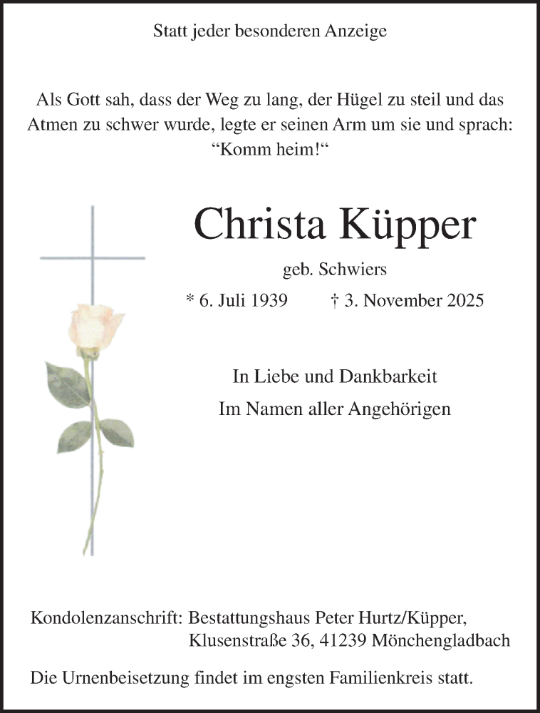  Traueranzeige für Christa Küpper vom 16.11.2025 aus trauer.panorama-anzeigenblatt.de