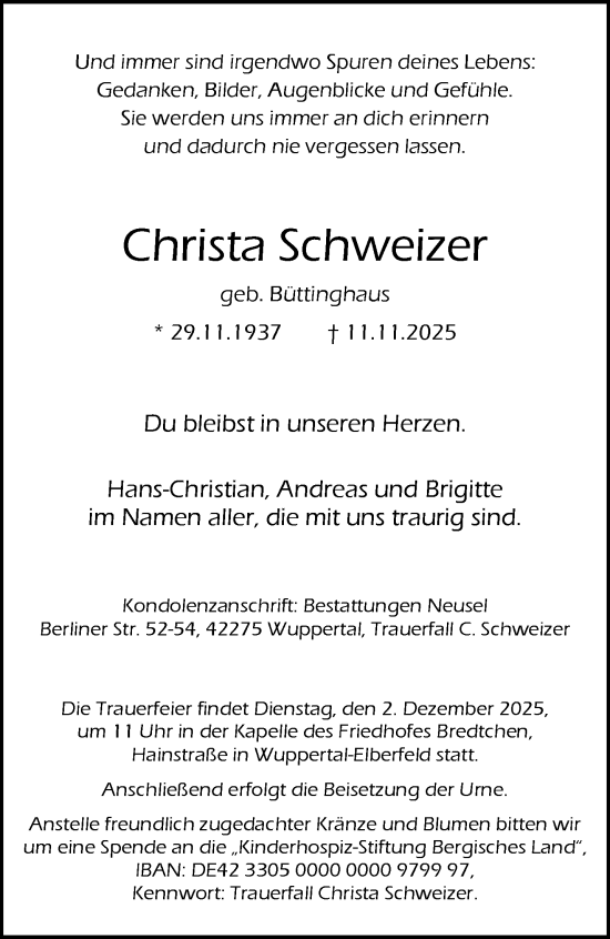 Traueranzeige von Christa Schweizer von trauer.wuppertaler-rundschau.de