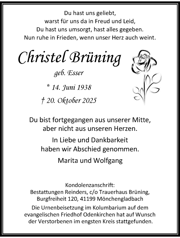  Traueranzeige für Christel Brüning vom 02.11.2025 aus trauer.panorama-anzeigenblatt.de