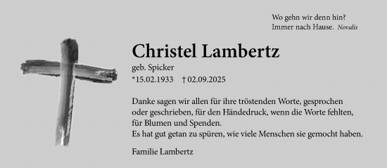 Traueranzeige von Christel Lambertz von trauer.panorama-anzeigenblatt.de
