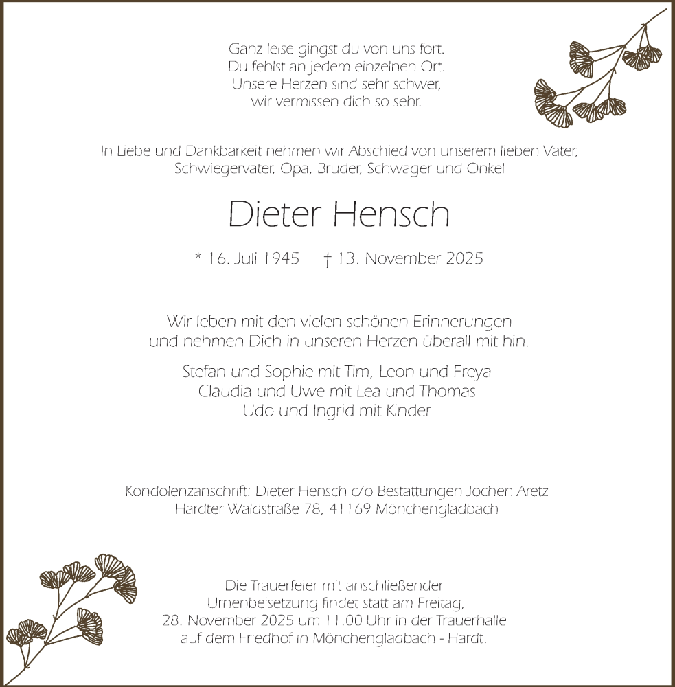  Traueranzeige für Dieter Hensch vom 23.11.2025 aus trauer.panorama-anzeigenblatt.de