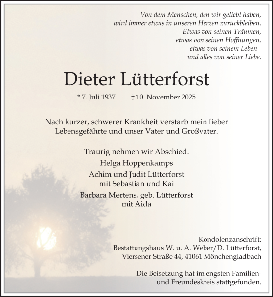 Traueranzeige von Dieter Lütterforst von trauer.panorama-anzeigenblatt.de