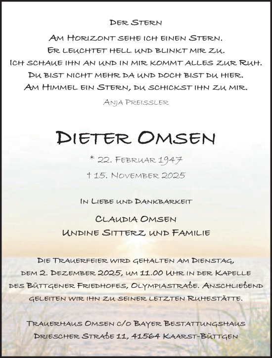 Traueranzeige von Dieter Omsen von trauer.panorama-anzeigenblatt.de