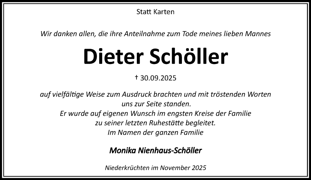  Traueranzeige für Dieter Schöller vom 23.11.2025 aus trauer.panorama-anzeigenblatt.de