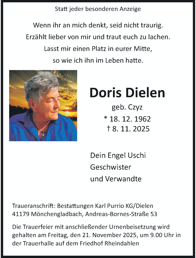  Traueranzeige für Doris Dielen vom 16.11.2025 aus trauer.panorama-anzeigenblatt.de