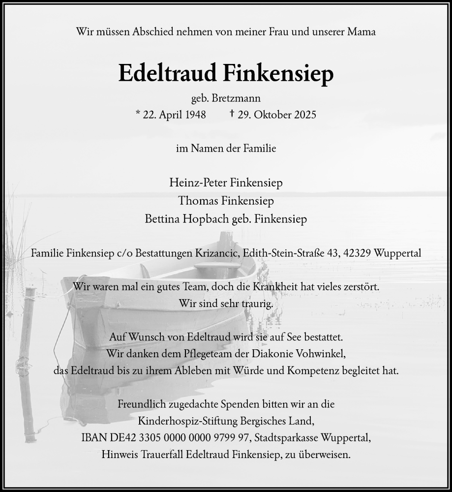  Traueranzeige für Edeltraud Finkensiep vom 15.11.2025 aus trauer.wuppertaler-rundschau.de