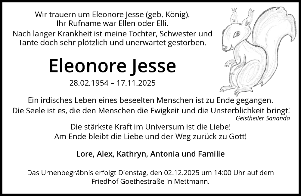 Traueranzeige für Eleonore Jesse vom 28.11.2025 aus trauer.panorama-anzeigenblatt.de