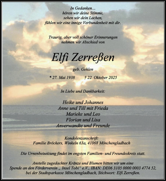 Traueranzeige von Elfi Zerreßen von trauer.panorama-anzeigenblatt.de