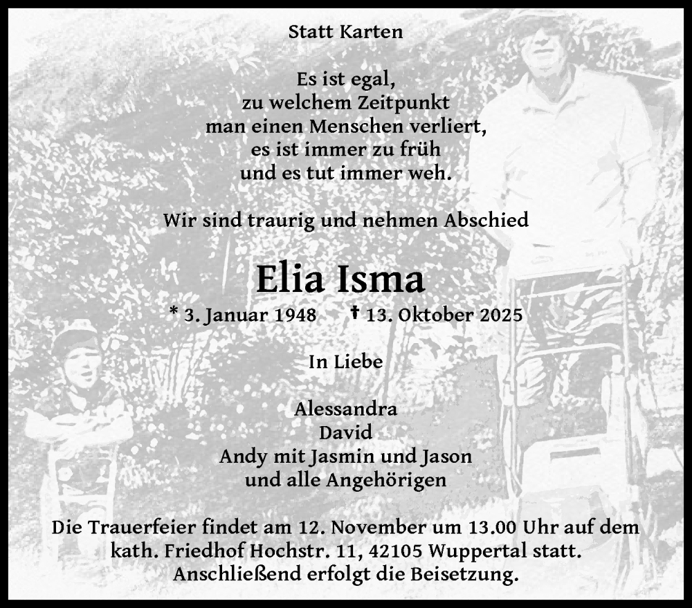 Traueranzeige für Elia Isma vom 08.11.2025 aus trauer.wuppertaler-rundschau.de