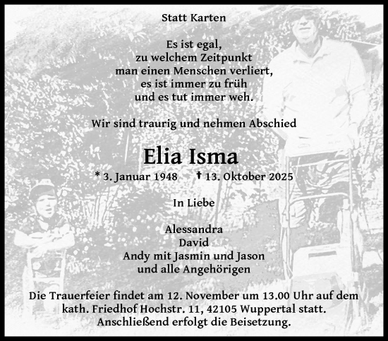 Traueranzeige von Elia Isma von trauer.wuppertaler-rundschau.de