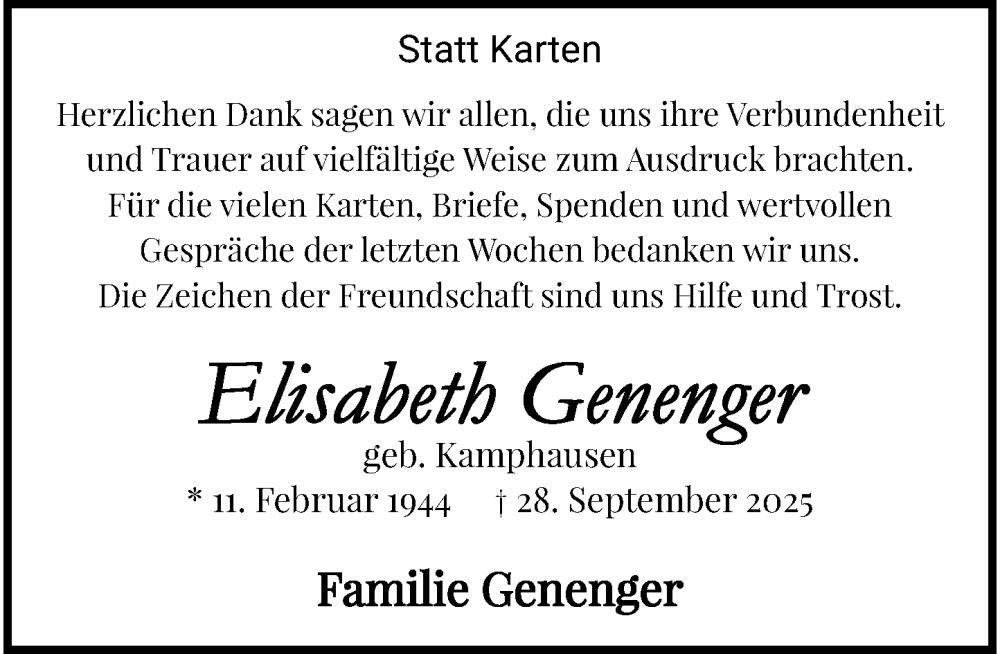  Traueranzeige für Elisabeth Genenger vom 23.11.2025 aus trauer.panorama-anzeigenblatt.de