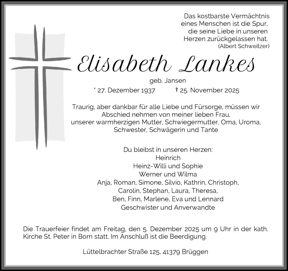  Traueranzeige für Elisabeth Lankes vom 30.11.2025 aus trauer.panorama-anzeigenblatt.de