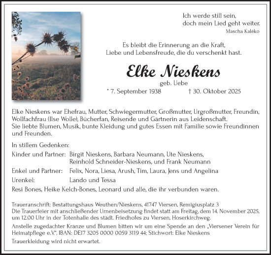 Traueranzeige von Elke Nieskens von trauer.panorama-anzeigenblatt.de