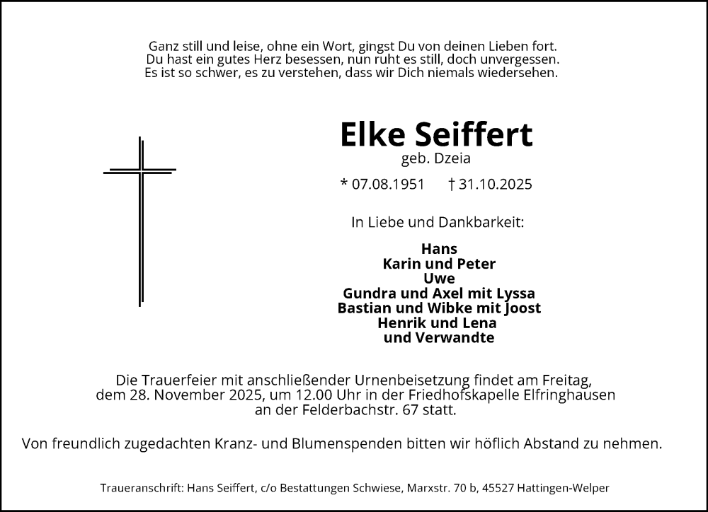  Traueranzeige für Elke Seiffert vom 22.11.2025 aus trauer.wuppertaler-rundschau.de