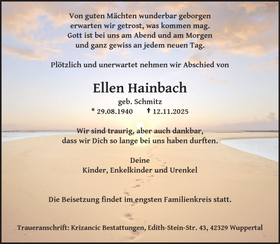 Traueranzeige von Ellen Hainbach von trauer.wuppertaler-rundschau.de