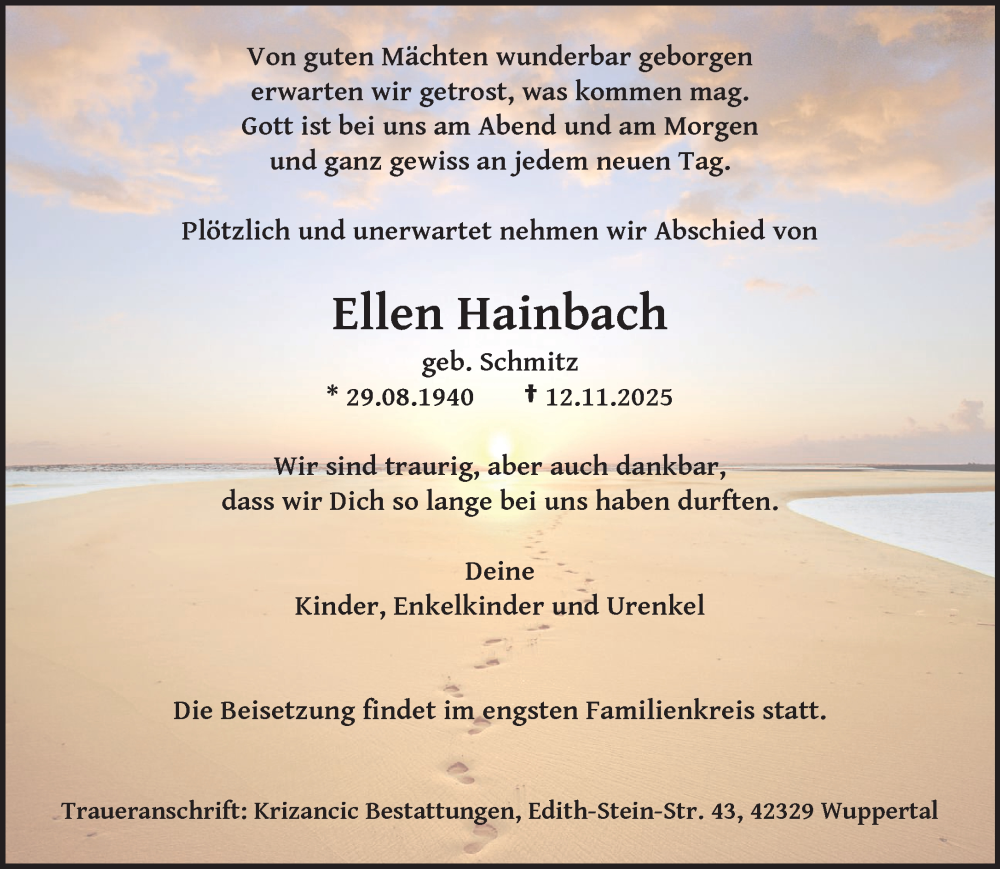  Traueranzeige für Ellen Hainbach vom 15.11.2025 aus trauer.wuppertaler-rundschau.de