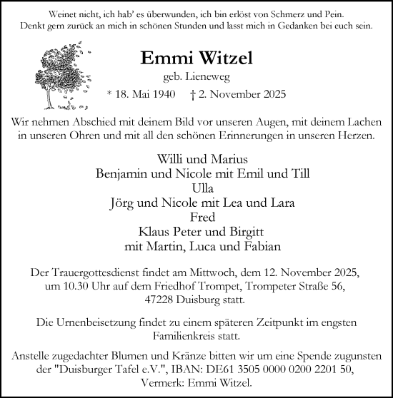 Traueranzeige von Emmi Witzel von trauer.panorama-anzeigenblatt.de