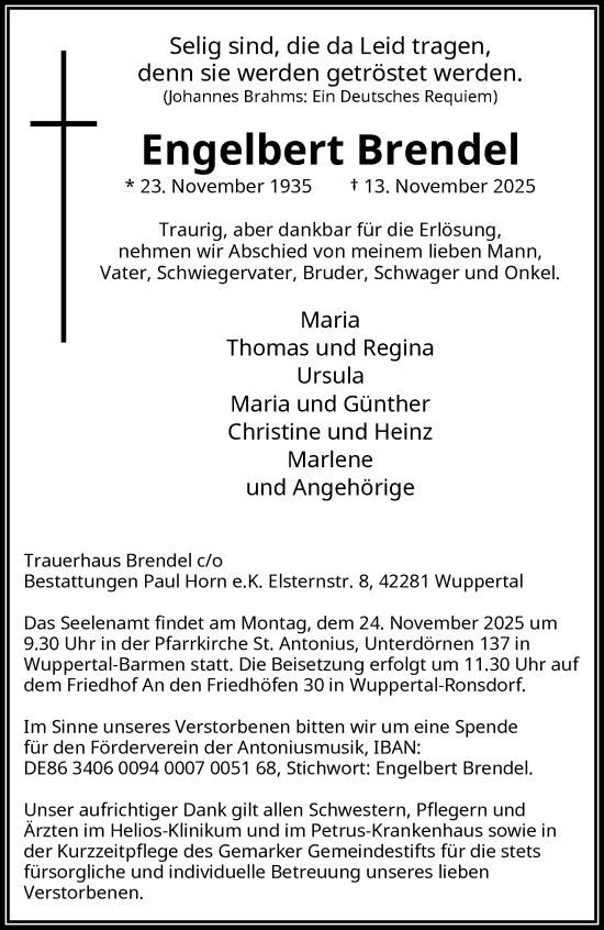 Traueranzeige von Engelbert Brendel von trauer.wuppertaler-rundschau.de