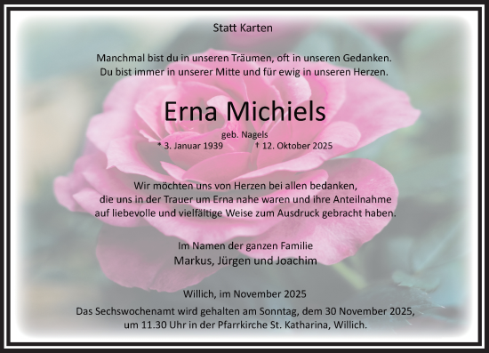 Traueranzeige von Erna Michiels von trauer.panorama-anzeigenblatt.de