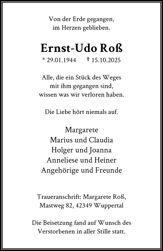 Traueranzeige von Ernst-Udo Roß von trauer.wuppertaler-rundschau.de
