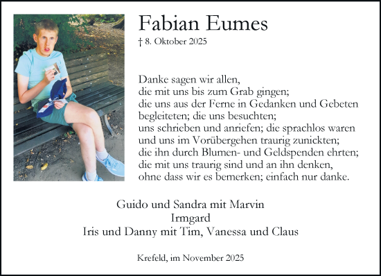 Traueranzeige von Fabian Eumes von trauer.panorama-anzeigenblatt.de