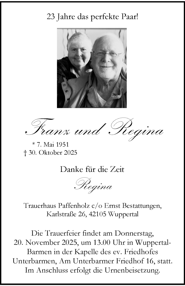  Traueranzeige für Franz  vom 08.11.2025 aus trauer.wuppertaler-rundschau.de