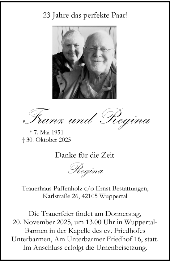 Traueranzeige von Franz  von trauer.wuppertaler-rundschau.de